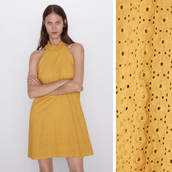 NWT ZARA Openwork Embroidery Eyelet Yellow Mini Shift Dress Women’s Small - Picture 1 of 12